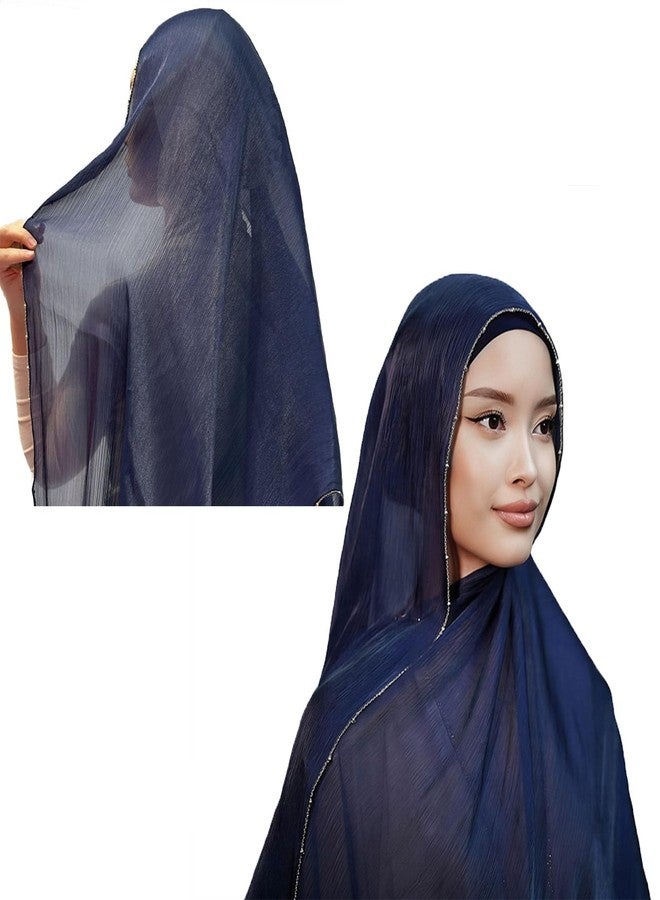 HURESON Women Premium Hijab Scarf for Women Lightweight 4 Edges Beaded Shimmer Hijabs Crepe Scarves Shawls Head Wraps Shiny (Deep blue) - Image 2